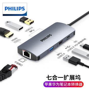 飞利浦（PHILIPS）Type-C扩展坞USB-C转HDMI分线器网线口读卡器3.5mm音频拓展坞智能手机15PRO笔记本电脑转换器 七合一/hdmi+网卡+Pd+USBx4