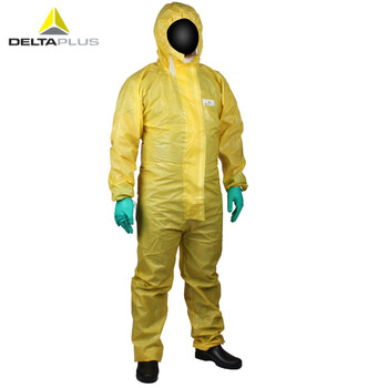 代尔塔(Deltaplus)406030限次3级带弹性兜帽无纺布连体防化服DT300定做不含鞋套及手套 黄色XL