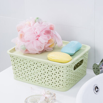 庄太太【米色大号无盖】仿藤编镂空收纳篮带盖收纳筐幼儿园玩具筐桌面整理盒