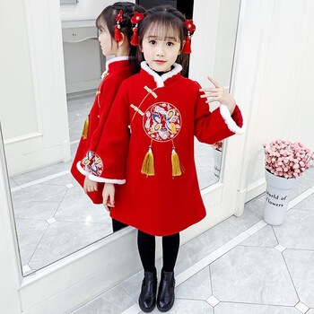 新款儿童加厚汉服小女孩中国风旗袍女宝宝拜年服过年衣服红色140码