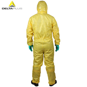 代尔塔（Deltaplus）406030限次3级带弹性兜帽无纺布连体防化服DT300定做不含鞋套及手套 黄色最小M