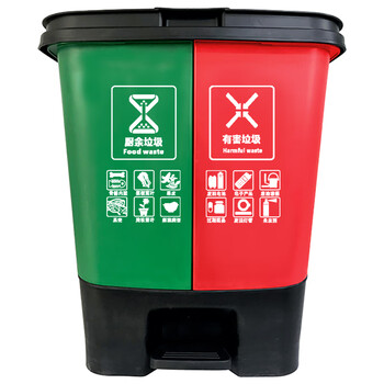 纽仕达 40L升户外双桶分类垃圾桶干湿分类分离上海商用脚踏拉圾桶 红绿色（有害垃圾/厨余垃圾）