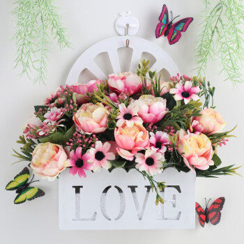 温馨家居love挂墙花篮壁挂式仿真花花盆插花套装花篮墙壁栅栏吊篮花卉