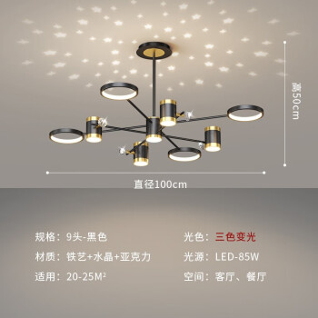 澳竹诚轻奢多头枝形灯满天星黑色三色变光