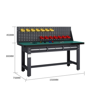 建功立业灰色工作台GY5336工业维修工作台零件桌单挂板平三抽1.5米复合台面