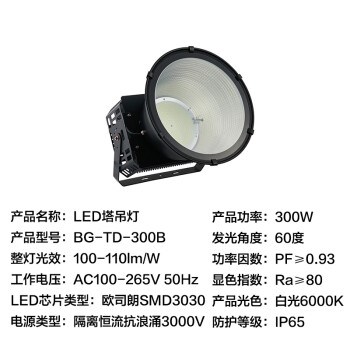 贝工 塔吊灯 大功率LED投光灯/探照灯 建筑工地球场照明灯 300W 白光 BG-TD-300B