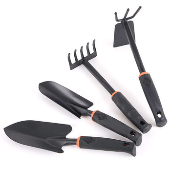 者也 种花植物松土盆栽除草工具小铲大铲耙子两用锄头套装 园艺工具 黑色4件套