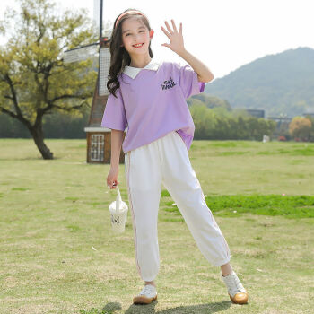 纤月情女童套装夏季休闲女孩衣服9一12岁中大童短袖长裤两件套时尚pol