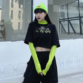 格洛基短款上衣女夏季新款原宿ins街头拼色露腰假两件