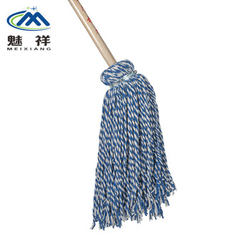 魅祥 木柄拖把 墩布棉线地拖把圆头蓝白线绳老式拖布