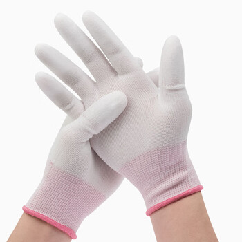 大杨555尼龙PU涂指手套 12双 S码粉边白色女 耐磨防滑透气工地工作涂层劳保手套