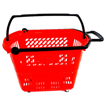 盛富永 超市卖场购物篮拉杆塑料手提篮手拉篮 买菜购物筐超市购物车 塑料沥水篮子 35L红色四轮