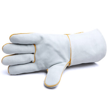 者也（ZYE）焊工劳保手套牛皮革袖焊工防护手套 加长牛皮电焊手套 防烫隔热焊接半皮手套 加固双层长款 灰色