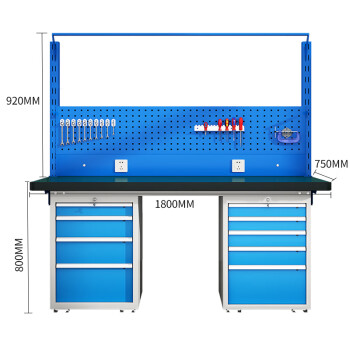 建功立业 重型工作台 钳工台1800*750*800+920mm车间试验台检验桌 211659左四抽右五抽带挂板灯板
