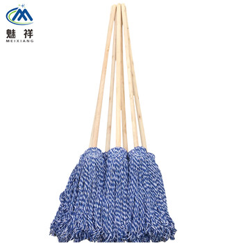 魅祥 木柄拖把 墩布棉线地拖把圆头蓝白线绳老式拖布