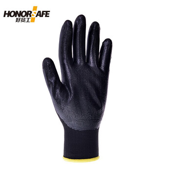 好员工 丁腈手套N305  涂掌耐磨工作防护手套 防滑耐油透气胶手套  120付M码