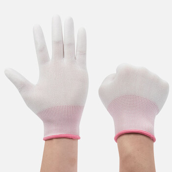 大杨555尼龙PU涂指手套 12双 S码粉边白色女 耐磨防滑透气工地工作涂层劳保手套