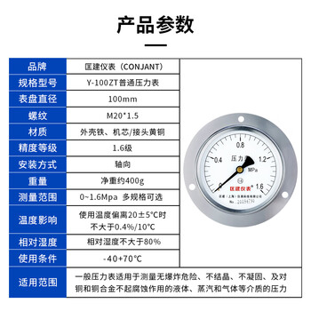 匡建仪表（CONJANT）Y-100ZT轴向带边压力表 液压表水压表气压表真空表0-1.6MPa