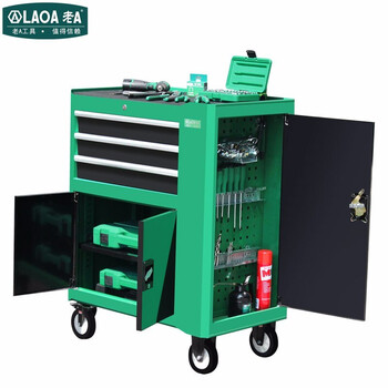 老A LAOA LA119230工具柜存储柜收纳柜移动工位柜维修工具车重型三层抽屉双开门侧门带挂板工具柜绿色