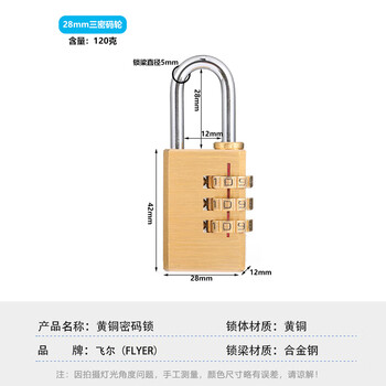 飞尔（FLYER）黄铜密码锁 防水防锈安全挂锁 行李箱包橱柜抽屉防盗迷你锁【3密码轮 283】
