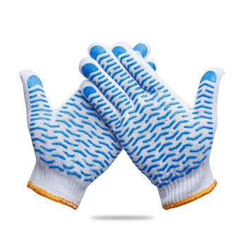 旷尔 加厚耐磨棉纱手套 装卸搬运维修工地防护手套 透气棉纱点胶手套【蓝色波纹 1打】
