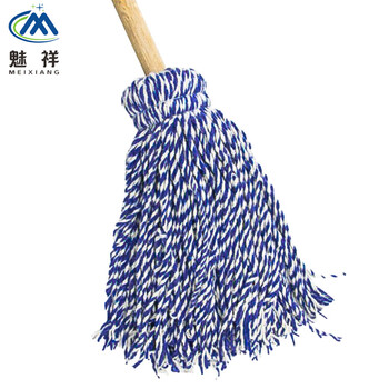 魅祥 木柄拖把 墩布棉线地拖把圆头蓝白线绳老式拖布
