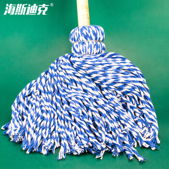 海斯迪克 棉线拖把 蓝白色传统老式墩布拖布 工厂吸水圆头木杆拖把 (2个起订) HK-8027