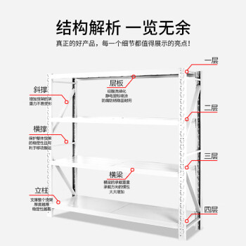 时通 货架仓储置物架多层货物展示架超市钢制储物架仓库阳台铁架子轻型1200*500*2000mm150kg白色四层副架