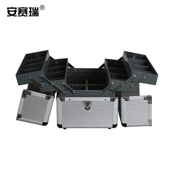 安赛瑞 工具箱 折叠多层工具箱 双开电工维修五金零件箱 多功能铝合金车载锁扣储物箱收纳箱 灰色 16556