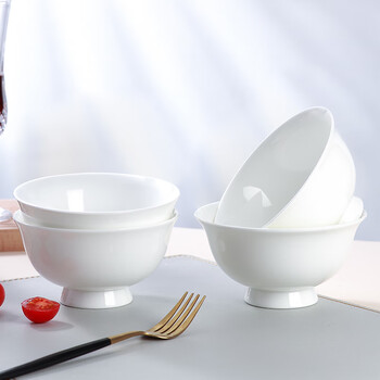 斯凯绨（Sky Top）陶瓷面碗骨瓷米饭碗纯白防烫高脚碗家用餐具6.25英寸4件套装