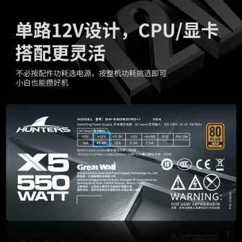 长城（Great Wall）额定550W X5金牌全模电脑电源（漏电监测/全电压/单路12V/70cm长线材）