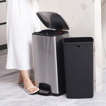 迪恩斯（DEANS）不锈钢脚踏方桶垃圾桶大号带盖厨房商用室内办公室脚踩垃圾桶开盖缓降上盖防指纹30升