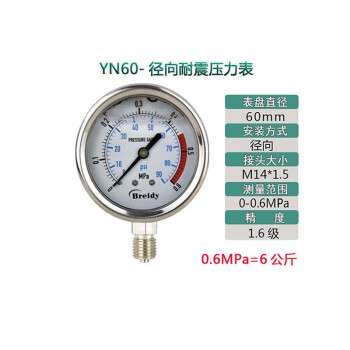 京致 Breidy压力表YN60不锈钢耐震气压表水压表液表压油压力表0.6mpa（定制）