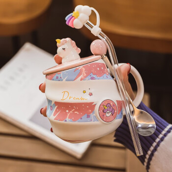 精东家 可爱独角兽陶瓷早餐杯子女生带盖勺咖啡马克杯高颜值家用喝水杯 粉色独角兽-400ml+吸管