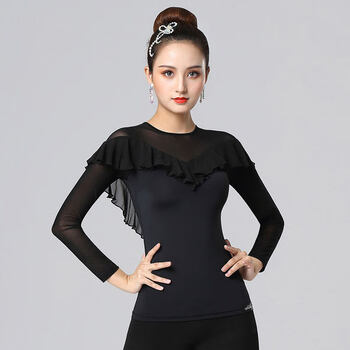 交谊舞华尔兹舞服吉特巴舞服装女小圆领后v荷叶花边九分袖黑色xxxl
