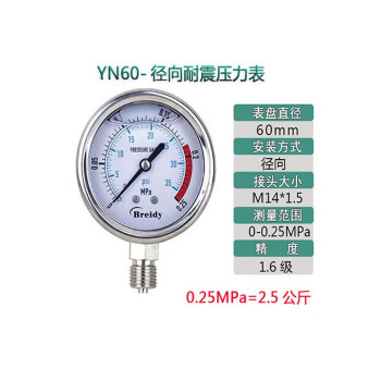京致 Breidy压力表YN60不锈钢耐震气压表水压表液表压油压力表0.25mpa（定制）