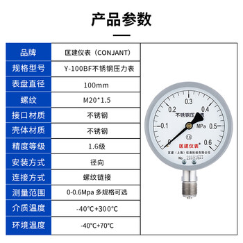 匡建仪表（CONJANT）Y-100BF 304不锈钢压力表 防腐耐高温抗酸碱 0-0.6mpa 表盘10厘米