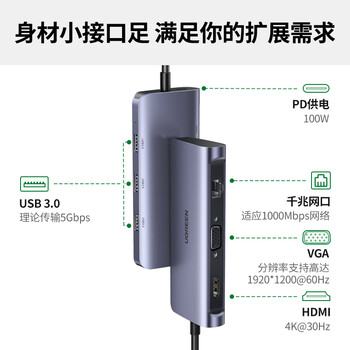 绿联Type-C扩展坞USB-C转HDMI/VGA拓展坞PD快充网线转接3.0分线器适用苹果15/16Macbook华为笔记本ipad