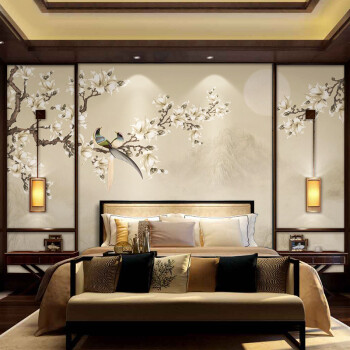 壁纸 喜上眉梢新中式背景墙无纺布墙纸墙布定制壁画玉兰花鸟sn5969
