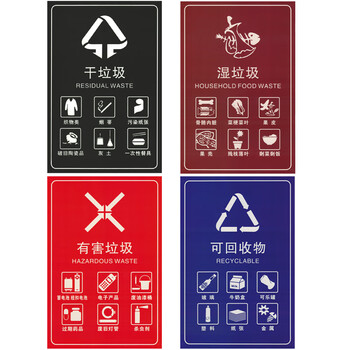 坚冠 垃圾分类图标贴纸 通用款防水防晒垃圾桶标识 可回收物有害干湿垃圾四色类别标签 4件套30x20cm