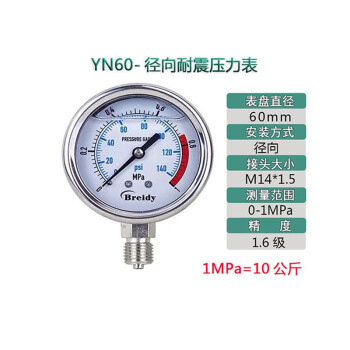 京致 Breidy压力表YN60不锈钢耐震气压表水压表液表压油压力表1mpa（定制）