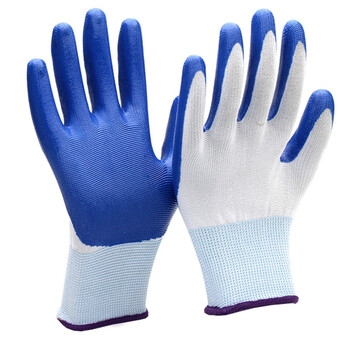 者也（ZYE）透气尼龙手套 浸胶涂掌防滑耐磨耐油手套半浸挂胶劳保手套 丁腈白蓝 24双