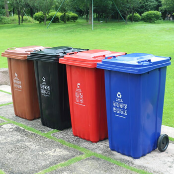 益美得 上海款干湿分离分类垃圾桶大号环卫带轮垃圾箱 可挂车240L蓝色（可回收物）