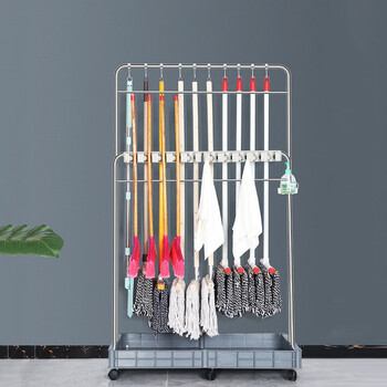 庄太太【5挂钩子款】不锈钢可移动落地式清洁工具收纳架