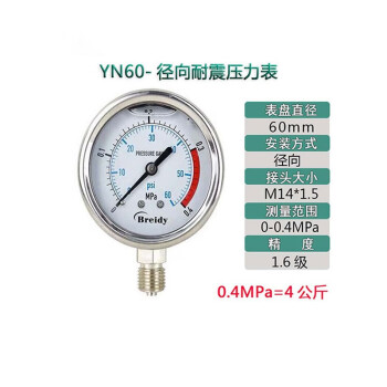 京致 Breidy压力表YN60不锈钢耐震气压表水压表液表压油压力表0.4mpa（定制）