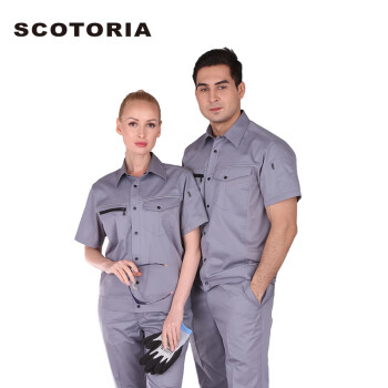 斯卡地尔SCOTORIA 夏季高棉短袖工作外套 工程车间半袖劳保衫 CVC2401SG中灰色上衣