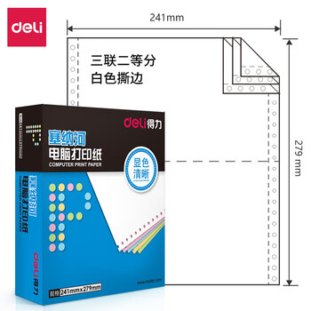 得力（deli）塞纳河系列打印纸 复印纸 可撕边打印纸 1000页/盒 三联【1/2S白色撕边】