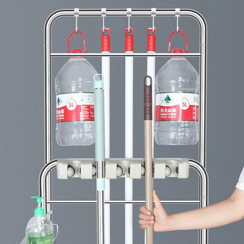 庄太太【10挂卡座款】拖把架落地式不锈钢可移动拖把挂架收纳卫生间扫把置物拖布架