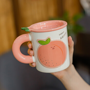 精东家设计感水果陶瓷杯子小众马克杯带盖勺可爱女生高颜值办公室早餐杯 水蜜桃-400ml