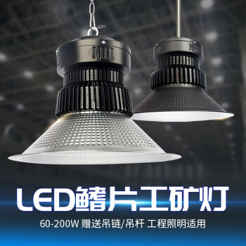 誉翊 鳍片led工矿灯 工厂车间仓库吊灯天棚灯室内球场照明灯 100W 银色罩子 吊杆款配0.5米杆子+吸顶盘